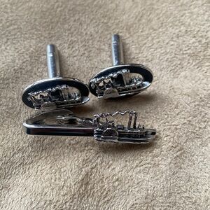 Shields, brand, silver, cufflink, and tie tack set steamboat paddleboat